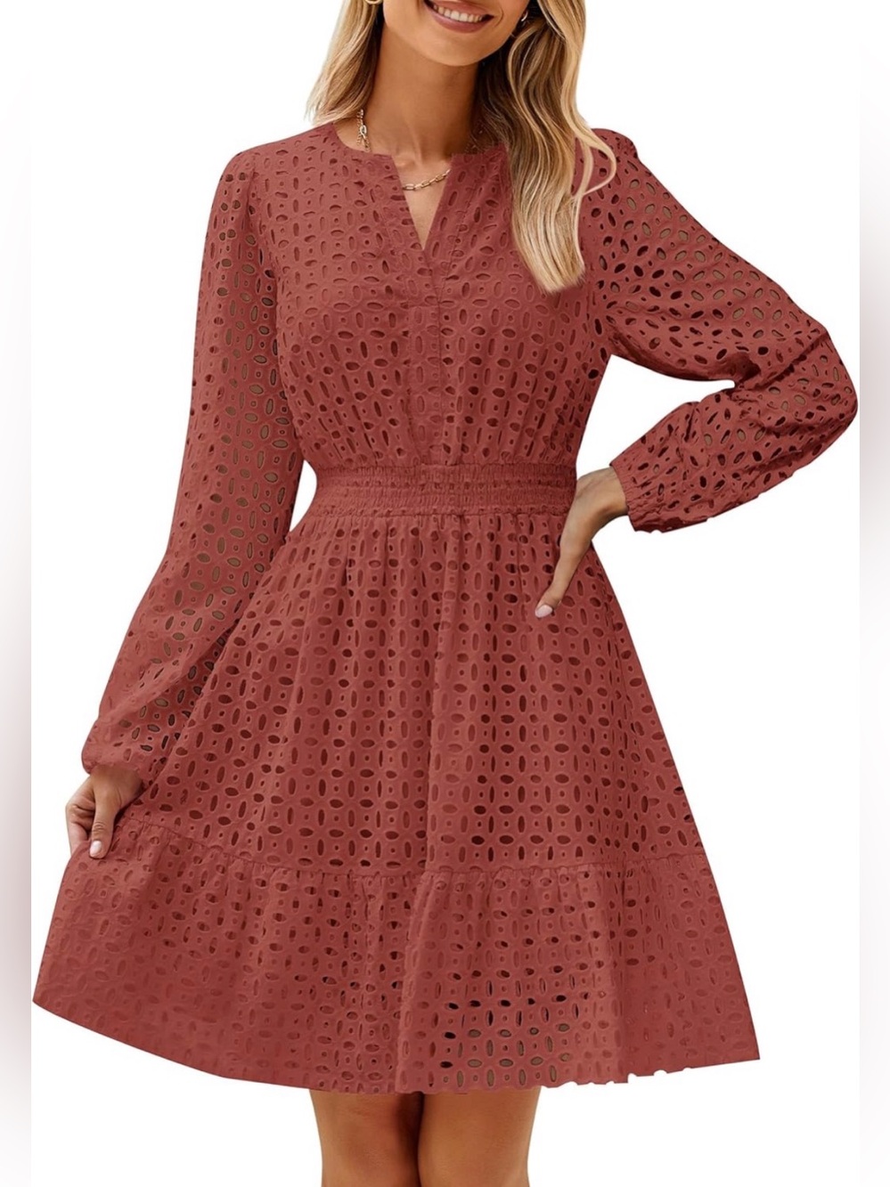 ZESICA Rust Red Long Sleeve Eyelet Boho Mini Dress